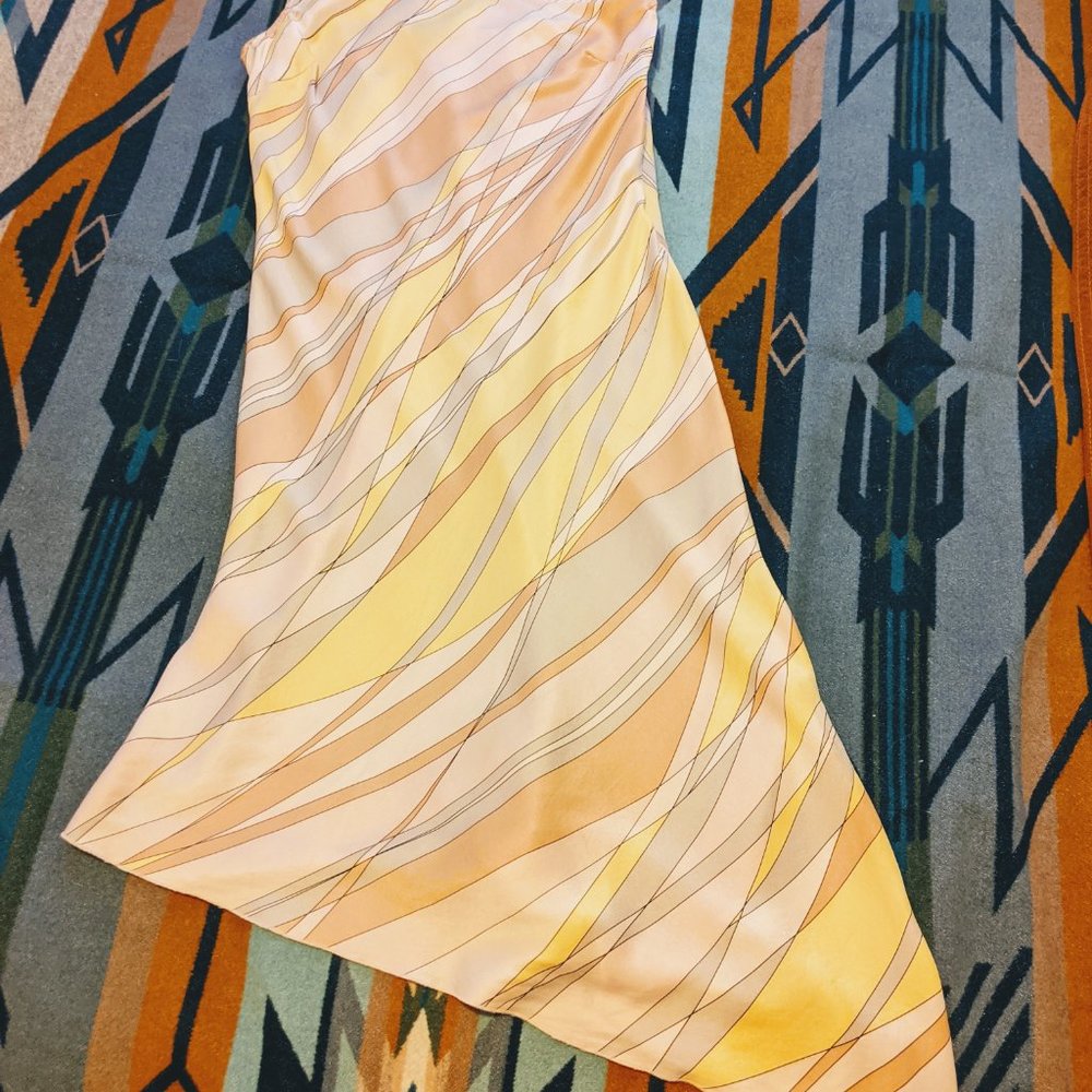 🚨Bebe Silk Pink Yellow Pastel Asymmetrical Dress M L - Picture 7 of 11